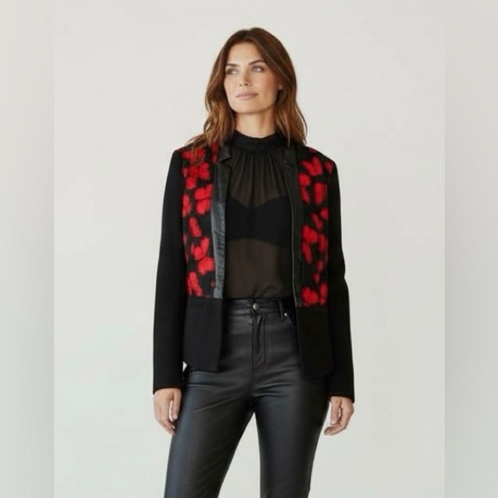 Vintage Y2K Simon Chang‎ Blazer Size 14 Black Red Butterfly Leather Trim Jacket
